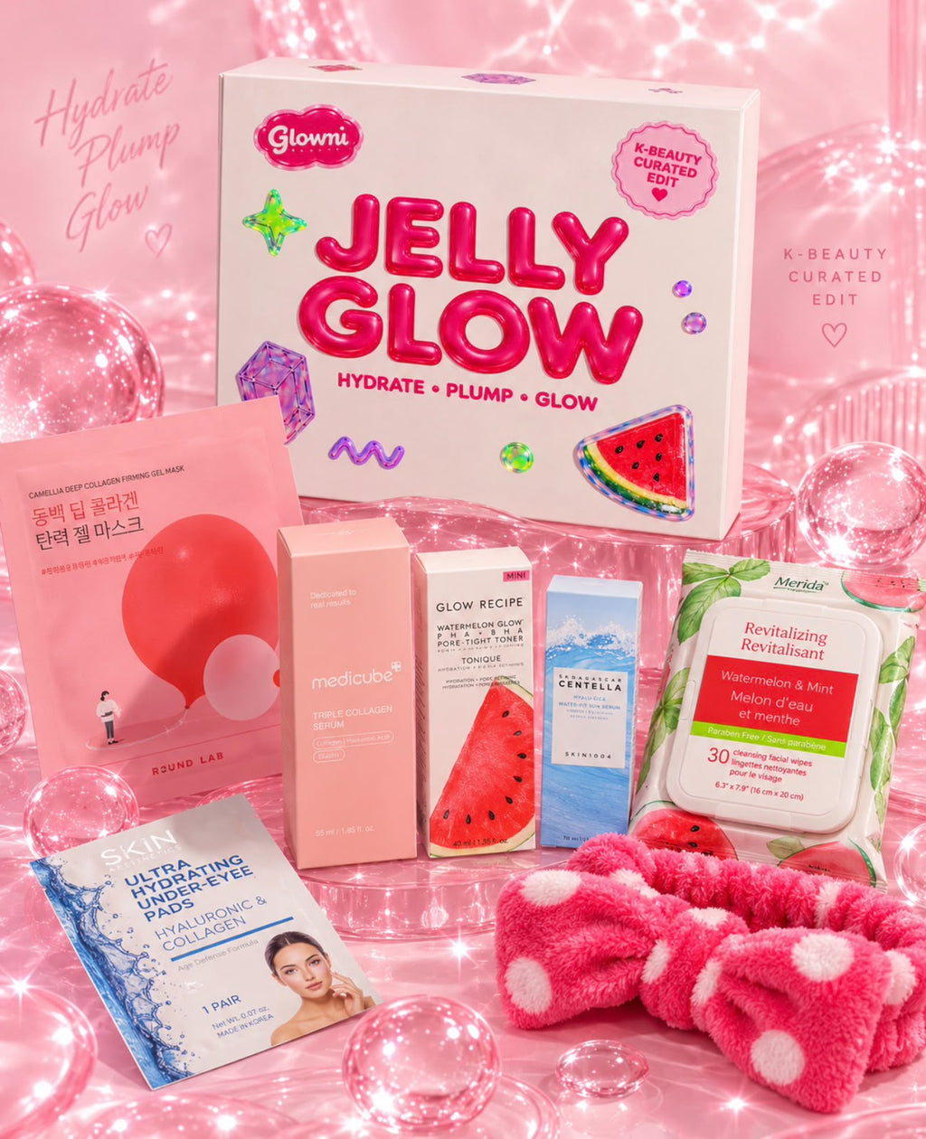 Jelly Glow de Glowmi con sus productos y banda facial